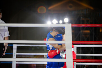 Fight of boxers in gloves in a sports ring