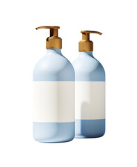 Two blue pump dispenser bottles with blank labels isolated on white background. 3D Rendering. Product mockup for branding and presentation