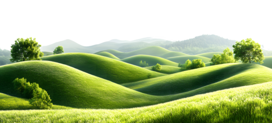Rolling green hills with scattered trees under a hazy sky isolated on transparent background