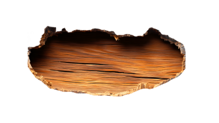 Close up textured fragment of ancient wood with visible grain and cracks isolated on transparent background