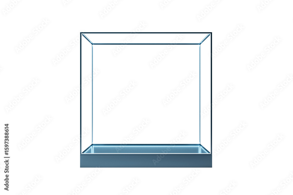 Poster transparent glass display case with glowing inner edges and metallic base, isolated on white backgro