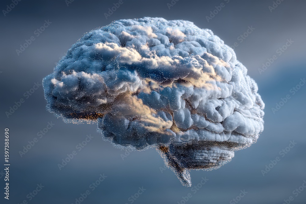 Poster innovative conceptual representation of human cognition visualized as a cloud-shaped brain merging w
