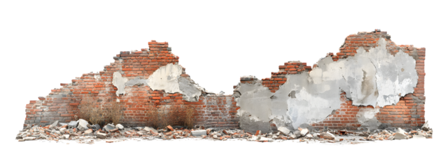 Fragment of a weathered brick wall with white plaster and debris isolated on transparent background