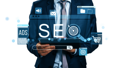 Businessman in suit holding tablet with SEO, ads, and digital icons on white background, illustrating online marketing and business strategy concept