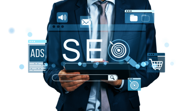 Businessman in suit holding tablet with SEO, ads, and digital icons on white background, illustrating online marketing and business strategy concept