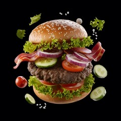 Juicy cheeseburger with lettuce and tomato on black background