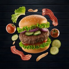 hamburger on a black background