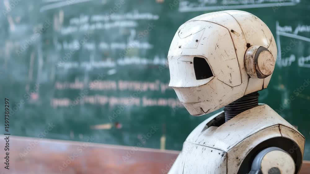 Poster educational robot standing in front of a chalkboard in a classroom setting, engaging with students d