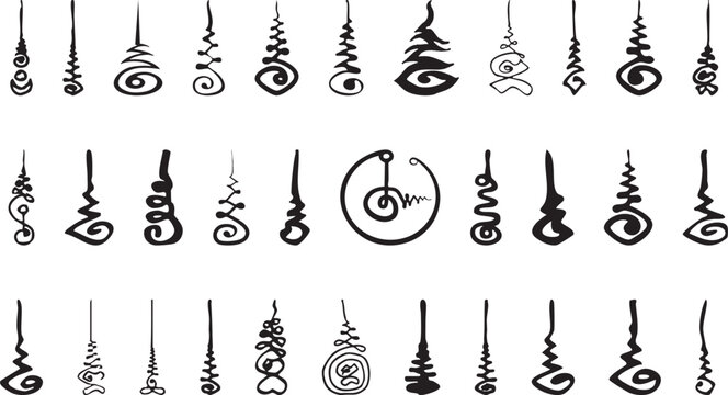 Thailand talisman set. Thai ancient traditional tattoo,Sak yant thai. Unalome symbol, Hindu or Buddhist sign representing path to enlightenment. Yantras Tattoo icon. Simple. isolated vector.