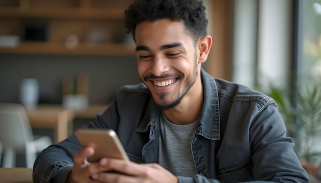 Smiling man using smartphone mobile app social media communication