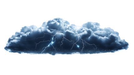 Detailed realistic stormy cumulus cloud with lightning strikes isolated on transparent background