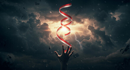 Obraz premium A dramatic hand reaching for a red and white DNA strand against a stormy sky, suggesting a connection between life and the unknown.