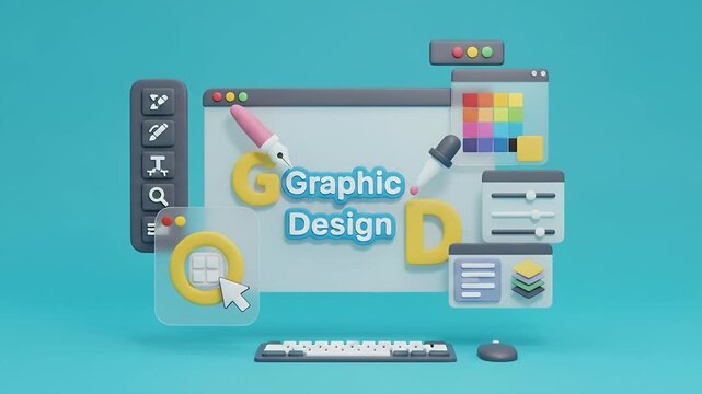 Graphic designer creative creator design logo artwork curve pen tool illustration equipment icons digital computer display workspace. Graphic design software. 3d rendering.