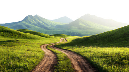 Scenic dirt road winding through lush green hills towards majestic snow capped mountains isolated on transparent background