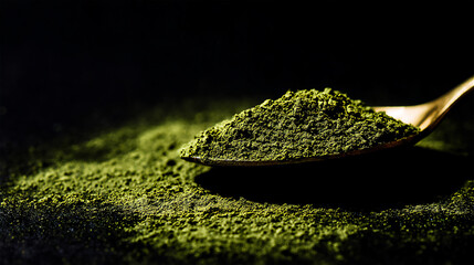 macro shot of matcha powder with golden spoon,