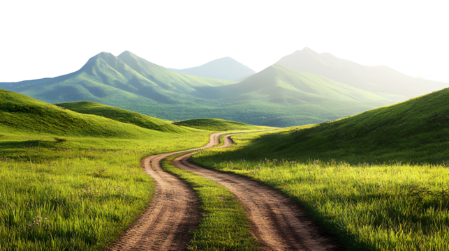 Scenic dirt road winding through lush green hills towards majestic snow capped mountains isolated on transparent background