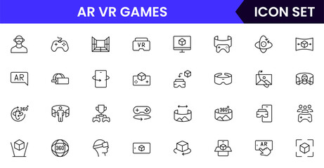 Vector line icon collection featuring AR, VR, and gaming elements like headsets, controllers, avatars, and environments perfect for immersive tech platforms.