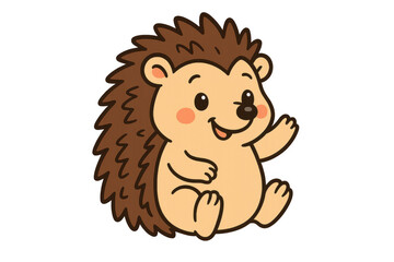 Obraz premium Cartoon hedgehog waving friendly paw, featuring cute woodland character design for playful children's graphics and cheerful greeting card artwork