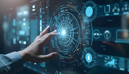 Futuristic technology interface hand touching screen digital display