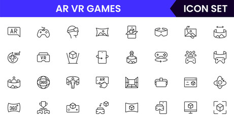 Vector line icon collection featuring AR, VR, and gaming elements like headsets, controllers, avatars, and environments perfect for immersive tech platforms.