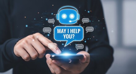 Person using smartphone interacting with a friendly ai chatbot offering assistance and support with glowing digital interface