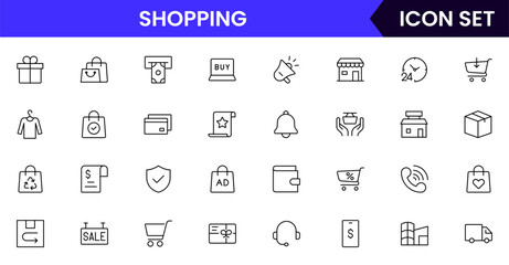 Shopping-themed vector line icon collection featuring carts, bags, stores, sales tags, delivery, payments, and e-commerce elements in a minimal style.
