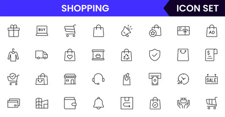 Shopping-themed vector line icon collection featuring carts, bags, stores, sales tags, delivery, payments, and e-commerce elements in a minimal style.