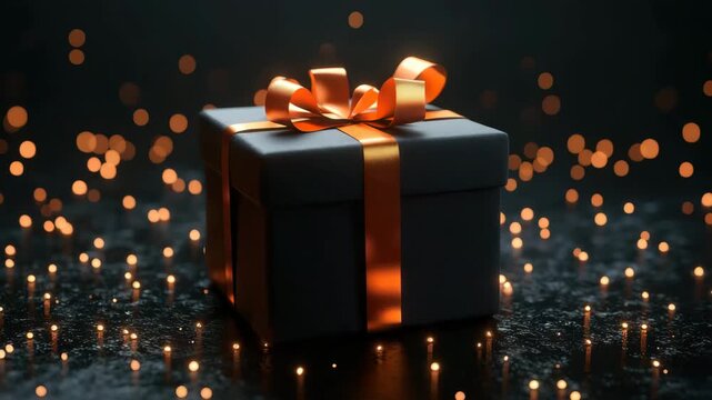 Black gift box with shiny orange ribbon and bow surrounded by glowing orange bokeh lights dark reflective surface creating festive elegant celebration decoration present with sparkling warm atmosphere