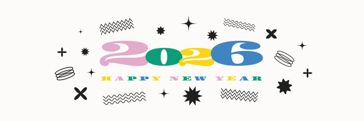 2026 happy New Year Y2K cover design. Holiday retro banner template with abstract brutalist shapes. Colorful vintage background. Vector illustration