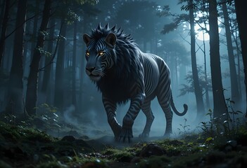 Lion Zebra hybrid animal - Fantasy combined creatures in a dark jungle