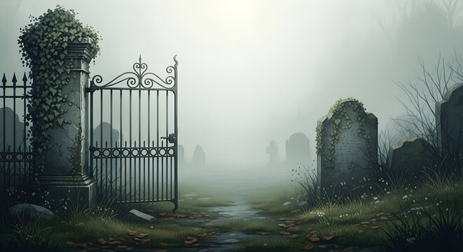 Misty cemetery gate in foggy atmosphere with crumbling stone details and copy space
