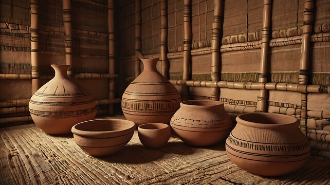 Ethiopian tukul interior with woven mats and earthenware vessels, 3D rendering