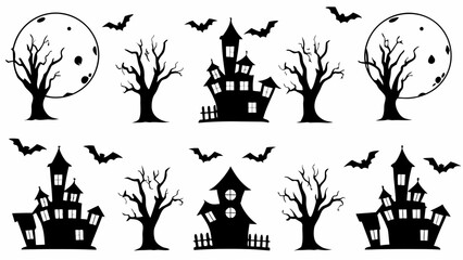 Silhouette halloween scene with haunted houses trees and bats under a full moon spooky and festive design