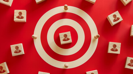 Wooden blocks with user icons arranged around red target board symbolizing audience targeting