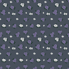  Floral pattern fabric pattern Dark gray background Giving a luxurious and calm feeling, purple flowers, white, feels calm, simple and elegant, suitable for design, fashion, clothing, pajamas,