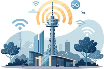 5G Network Illustration – High-Speed Signal, Tower with Wi-Fi Waves –