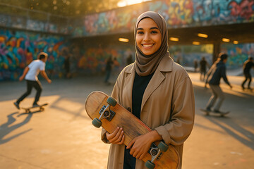 Young Muslim woman with skateboard smiling confidently at urban skate park with graffiti wall and skaters in background