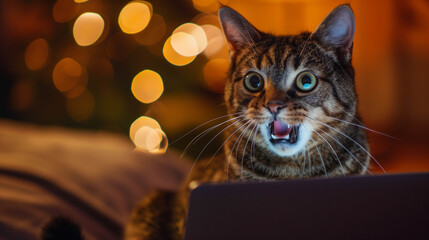 Close-up of surprised cat with open mouth in front of holiday lights and festive atmosphere