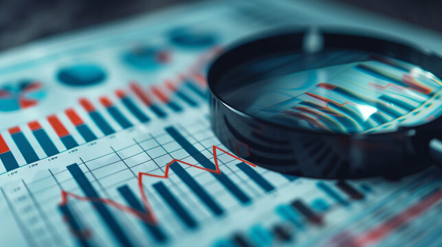 Magnifying glass analyzing financial graphs and data charts for market insights