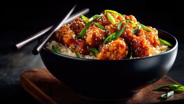 Bowl of honey garlic chicken over rice, garnished with green onions and sesame seeds