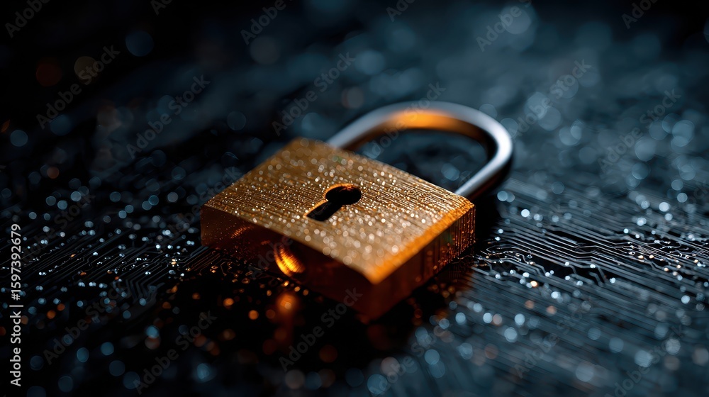 Poster golden padlock is lying on a dark background, with circuit board. use it to portray data security, c