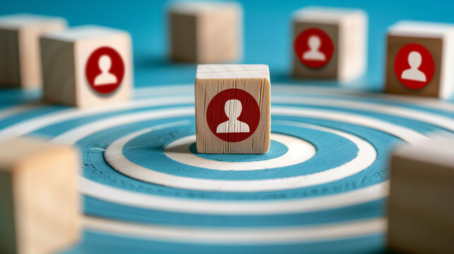 Wooden blocks with user profile icons arranged in a circular target pattern on blue background