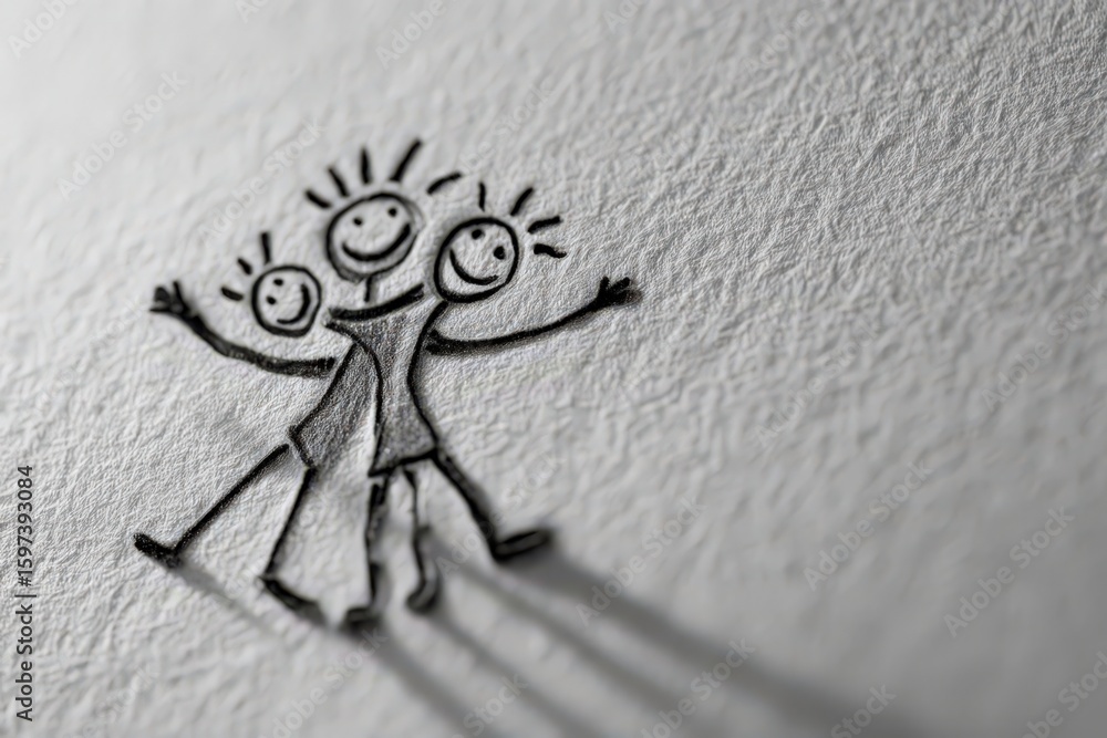 Poster whimsical sketch depicting three joyful characters embracing friendship captured in vibrant shades e