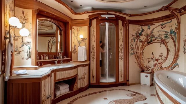 Luxurious bathroom with elegant decor and intricate floral designs showcasing spacious layout and modern amenities