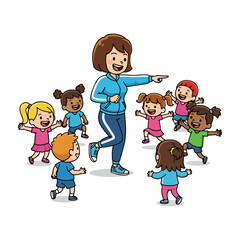 Cartoon character of sports teacher leading children in morning exercise, colored cartoon with line art and white background. AI generated image.