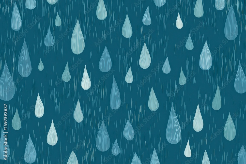 Poster cartoon rain drops falling in various sizes on a dark teal background. use for backgrounds, patterns