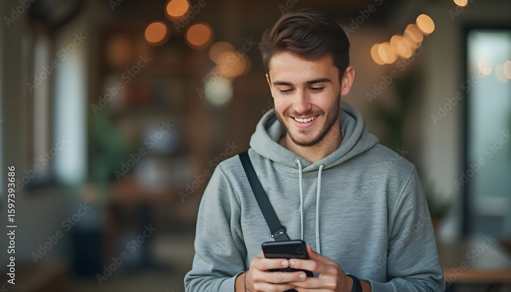 Poster smiling man using smartphone mobile app for communication and social