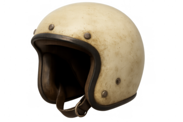 Vintage white motorcycle helmet featuring weathered surface and rich brown leather detailing, symbolizing classic safety gear against transparent backdrop
