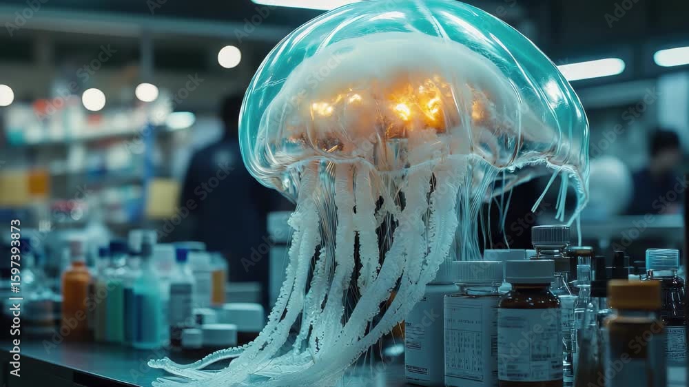 Poster jellyfish illuminated in a laboratory setting surrounded by various bottles and containers