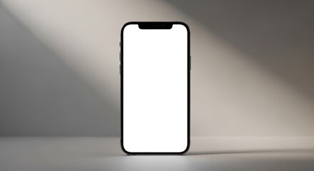 Sleek frameless mobile phone mockup with blank white screen display stands upright.